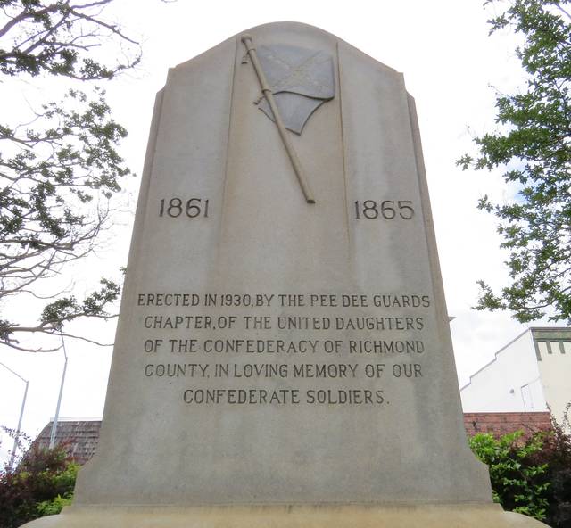 
			
				                                Daily Journal File photo
                                The Confederate monument in Harrington Square was erected in 1930 by the Pee Dee Guards Chapter of the Daughters of the Confederacy of Richmond County.
 
			
		