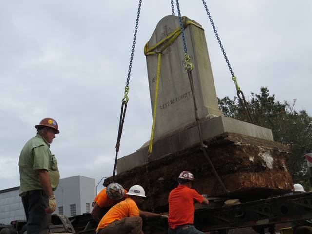 
			
				                                Brandon Tester | Daily Journal Workers load the Confederate monument onto the bed of a truck after removing it from Harrington Square on Wednesday afternoon. The removal process began Wednesday morning, as workers used a crane to lift the 15-ton monument from its base and transfer it to a truck.
 
			
		