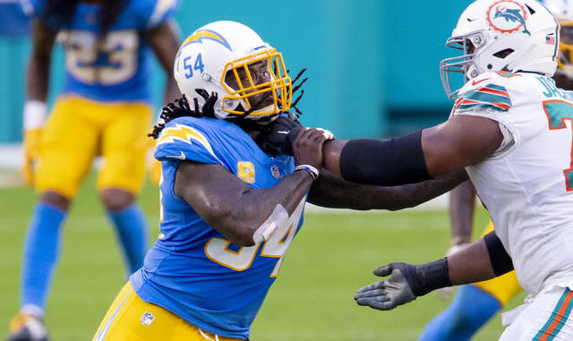 
			
				                                
			
				                                
			
				                                
			
				                                FILE - In this November 15, 2020 file photo, Miami Dolphins battles Austin Jackson (73) and blocking the defensive end of Los Angeles Chargers Melvin Ingram (54) during an NFL soccer game in Miami Gardens, Fla. Doug Murray |  AP file photo

			
		