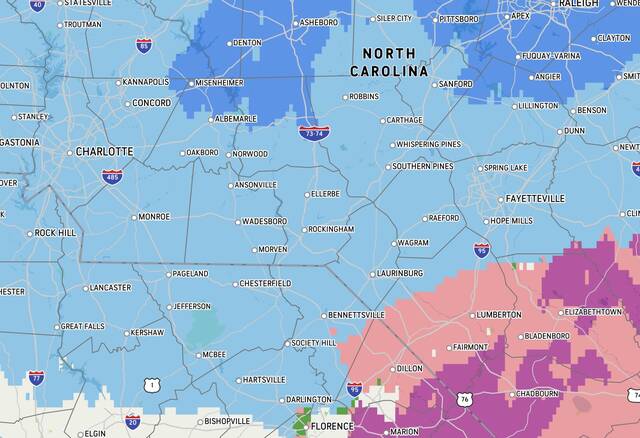 Photo courtesy of AccuWeather
                                This map shows the expected precipitation in AccuWeather’s forecast for 7 p.m. on Friday, Jan. 21. The light blue area means some snow, the dark blue area means heavier snow, purple means ice, and pink means a mix. This snow expected for Richmond County, in the center, will be preceded by a day of wintry mix in the southern part of the county and snow in the northern part.