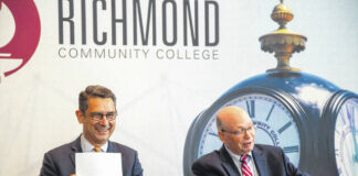 
			
				                                Dr. Rhett Brown, president of Wingate University, and Dr. Dale McInnis, president of Richmond Community College, announcing the partnership.
                                 Photo courtesy of Wingate University

			
		